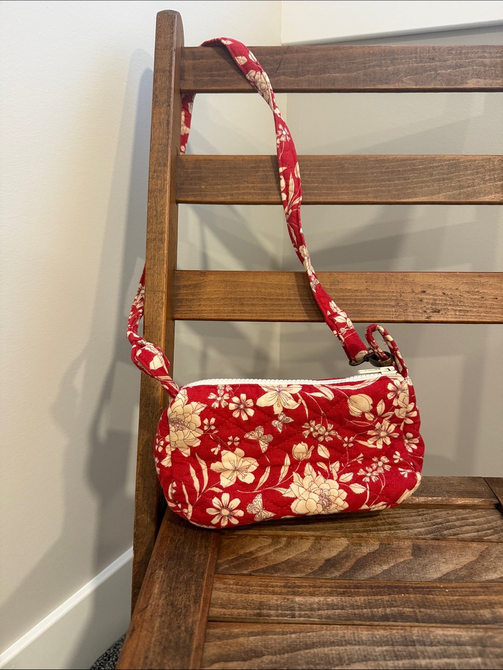 Vintage Handmade Red Floral Quilted Shoulder Bag